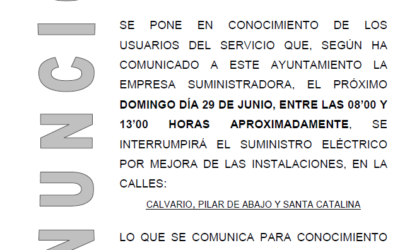 Aviso de corte de suministro eléctrico el domingo 29 de junio