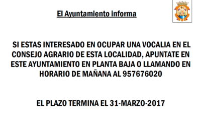 Vocalías para el Consejo Municipal Agrario y Medioambiental.