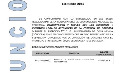 Anuncio del Programa de Concertación y Empleo 2018 de Diputación referente al Proyecto de Ordenación de la C/ San Pedro Mártir