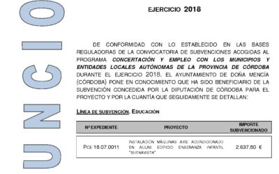 Anuncio del Programa de Concertación y Empleo 2018 de Diputación de Córdoba referente al Proyecto Instalación de máquinas de aire acondicionado en aulas del edificio de enseñanza infantil  «Buenavista»