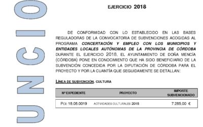Anuncio del Programa de Concertación y Empleo 2018 de Diputación de Córdoba referente al Proyecto de Actividades Culturales.