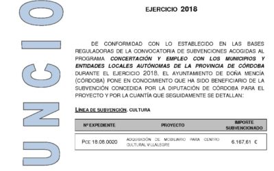 Anuncio del Programa de Concertación y Empleo 2018 de Diputación de Córdoba referente al Proyecto de adquisión de mobiliario para el Centro Cultural Villalegre.