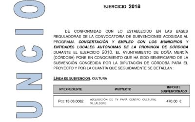 Anuncio del Programa de Concertación y Empleo 2018 de Diputación de Córdoba referente al Proyecto de Adquisión de TV para el Centro Cultural Villalegre