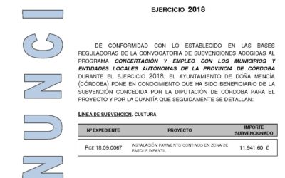 Anuncio del Programa de Concertación y Empleo 2018 de Diputación de Córdoba referente al Proyecto de Instalación de pavimento continuo en zona del Parque Infantil.