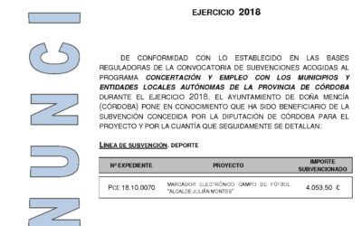 Anuncio del Programa de Concertación y Empleo 2018 de Diputación de Córdoba referente al Proyecto de Marcador electrónico campo de fútbol «Alcalde Julián Montes»