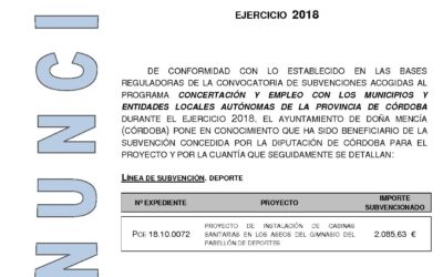 Anuncio del Programa de Concertación y Empleo 2018 de Diputación de Córdoba referente al Proyecto de instalación de cabinas sanitarias en los aseos del Gimnasio del Pabellón de Deportes
