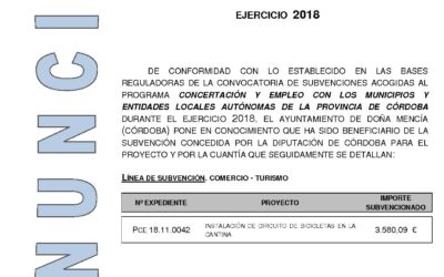 Anuncio del Programa de Concertación y Empleo 2018 de Diputación de Córdoba referente al Proyecto de instalación de circuito de bicicletas en la Cantina.