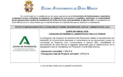 Subvención para el mantenimiento de la Agrupación Local de Voluntariado de Protección Civil de Doña Mencía