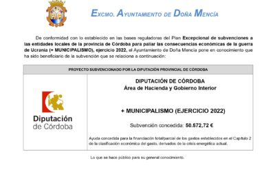 Excepcional de subvenciones a las entidades locales de la provincia de Córdoba para paliar las consecuencias económicas de la guerra de Ucrania (+ MUNICIPALISMO), ejercicio 2022