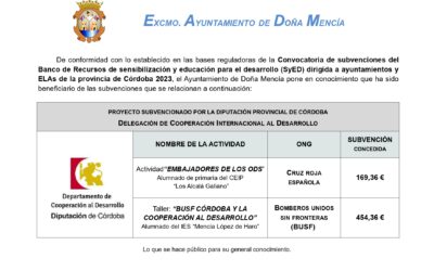 Convocatoria de subvenciones del Banco de Recursos de sensibilización y educación para el desarrollo (SyED) dirigida a ayuntamientos y ELAs de la provincia de Córdoba 2023