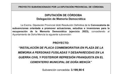 Proyecto: «instalación placa conmemorativa en plaza de la memoria a personas fusiladas y desaparecidas en la Guerra Civil y posterior represión Franquista en el cementerio municipal de Doña Mencía»
