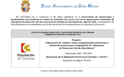 Convocatoria de subvenciones a Ayuntamientos para proyectos en materia de protección civil, para el uso de las agrupaciones municipales de voluntarios de protección civil de la provincia de Córdoba de esta Diputación, ejercicio 2024