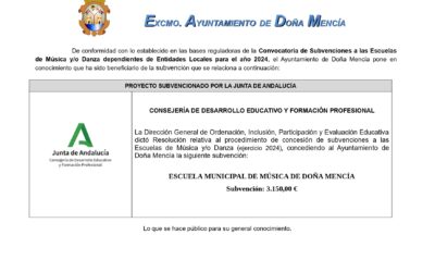 Convocatoria de Subvenciones a las Escuelas de Música y/o Danza dependientes de Entidades Locales para el año 2024