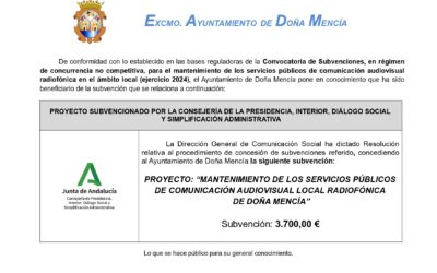 Convocatoria de Subvenciones, en régimen de concurrencia no competitiva, para el mantenimiento de los servicios públicos de comunicación audiovisual radiofónica en el ámbito local (ejercicio 2024)