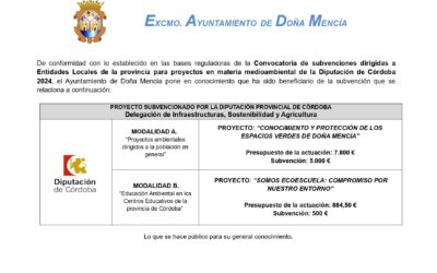 Convocatoria de subvenciones dirigidas a Entidades Locales de la provincia para proyectos en materia medioambiental de la Diputación de Córdoba2024