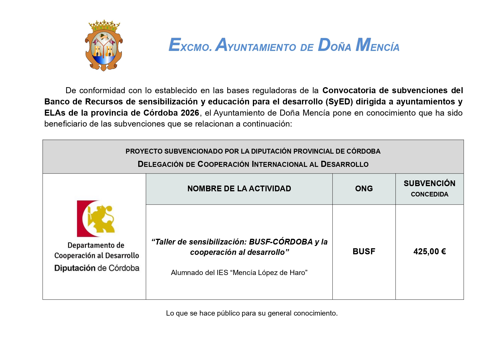 Taller de sensibilización: BUSF-CÓRDOBA y la cooperación al desarrollo