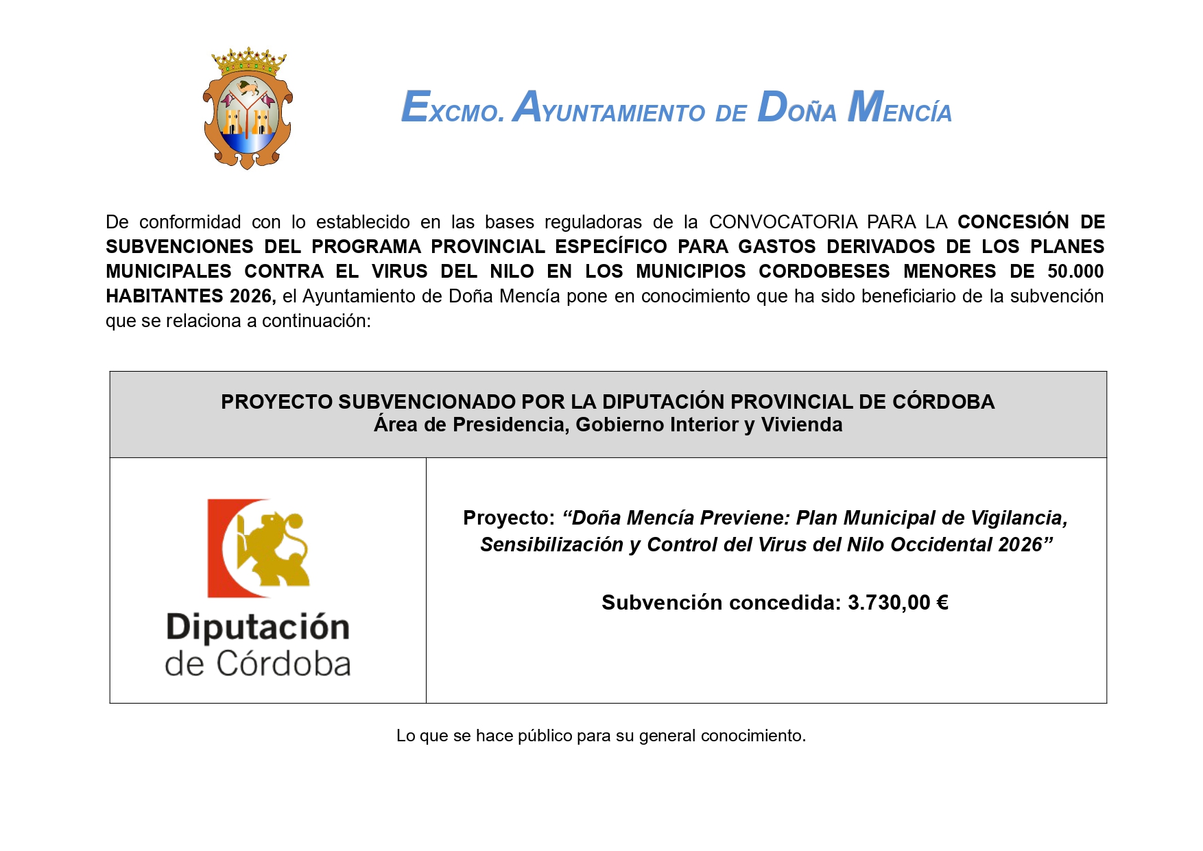 Doña Mencía Previene: Plan Municipal de Vigilancia, Sensibilización y Control del Virus del Nilo Occidental 2026