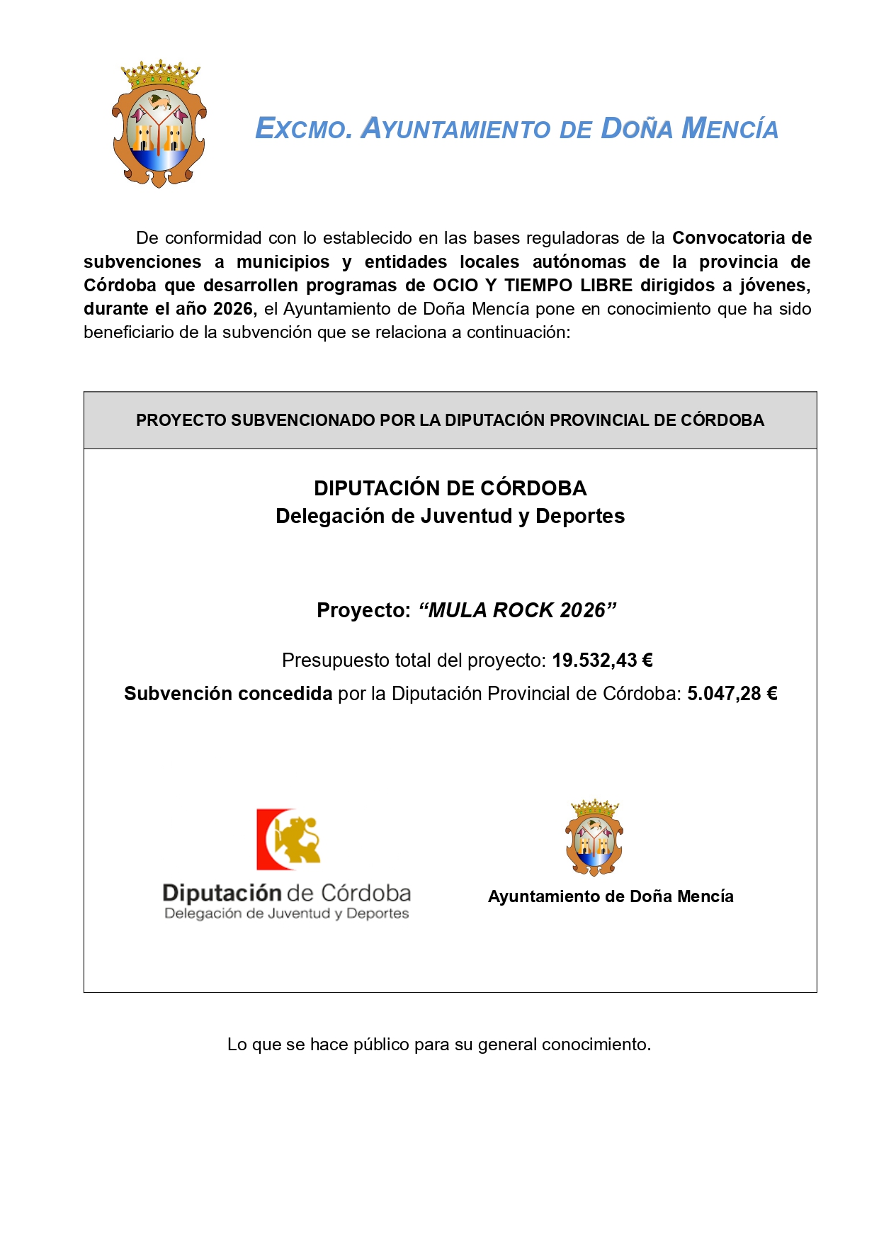 Convocatoria de subvenciones a municipios y entidades locales autónomas de la provincia de Córdoba que desarrollen programas de OCIO Y TIEMPO LIBRE dirigidos a jóvenes, durante el año 2026